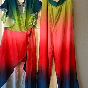 New York & Company Green-Pink Ombre Wide-Leg Jumpsuit Set